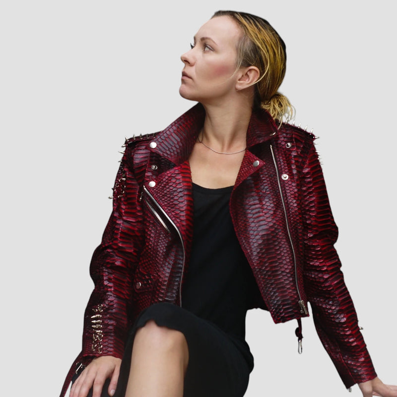 Python leather studded biker jacket