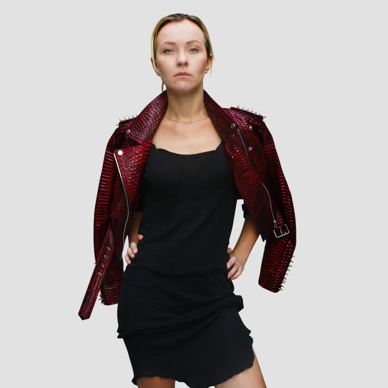 Python leather studded biker jacket