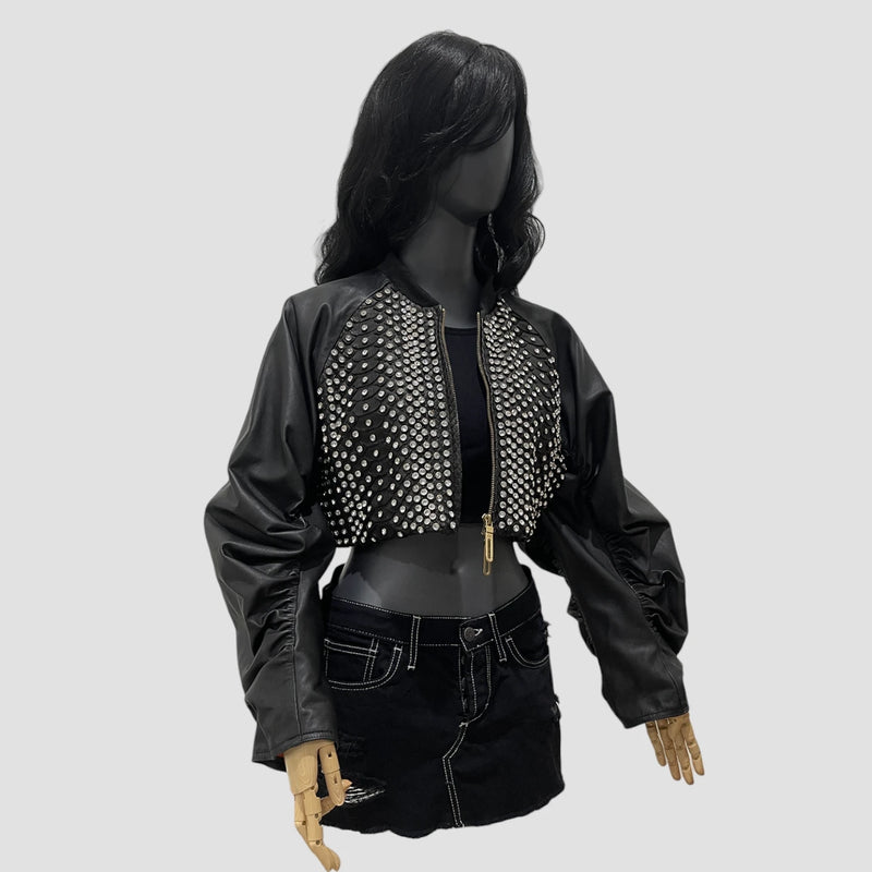 Python and lamb leather jacket crystals