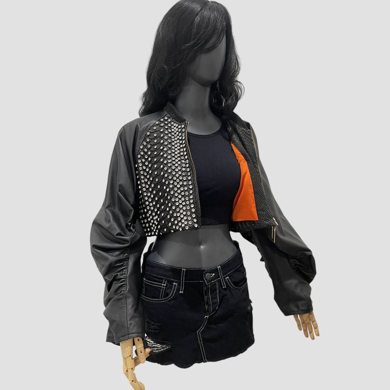 Python and lamb leather jacket crystals