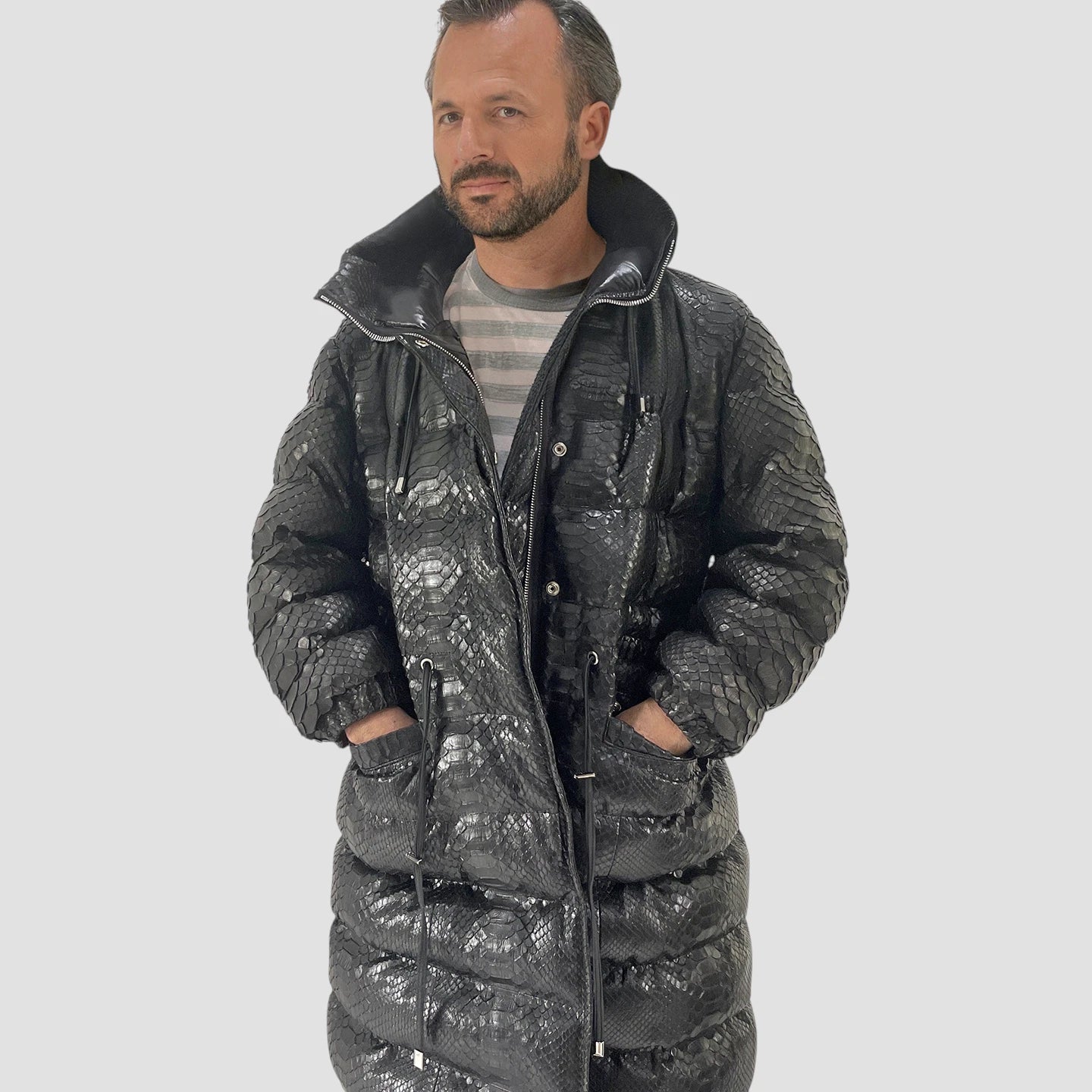 Man's duck down python leather jacket