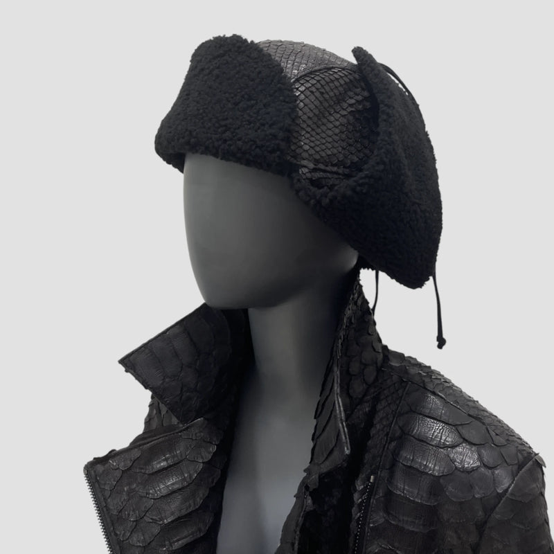 Python leather trapper hat