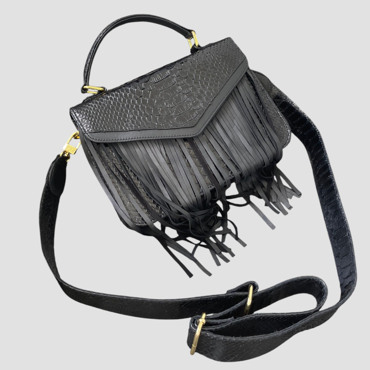 Python leather fringe bag