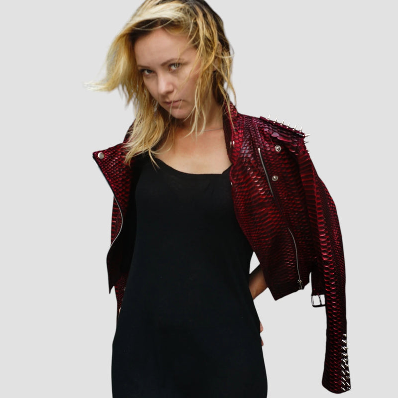 Python leather studded biker jacket