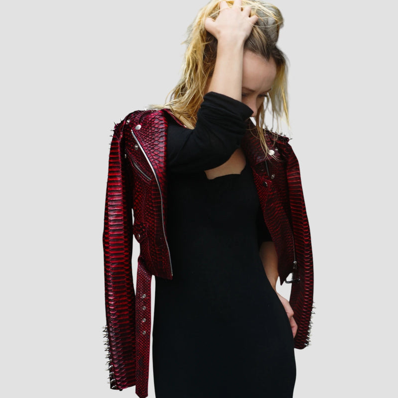 Python leather studded biker jacket