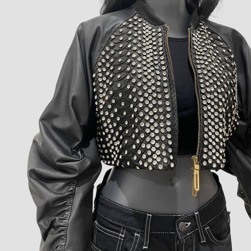 Python and lamb leather jacket crystals